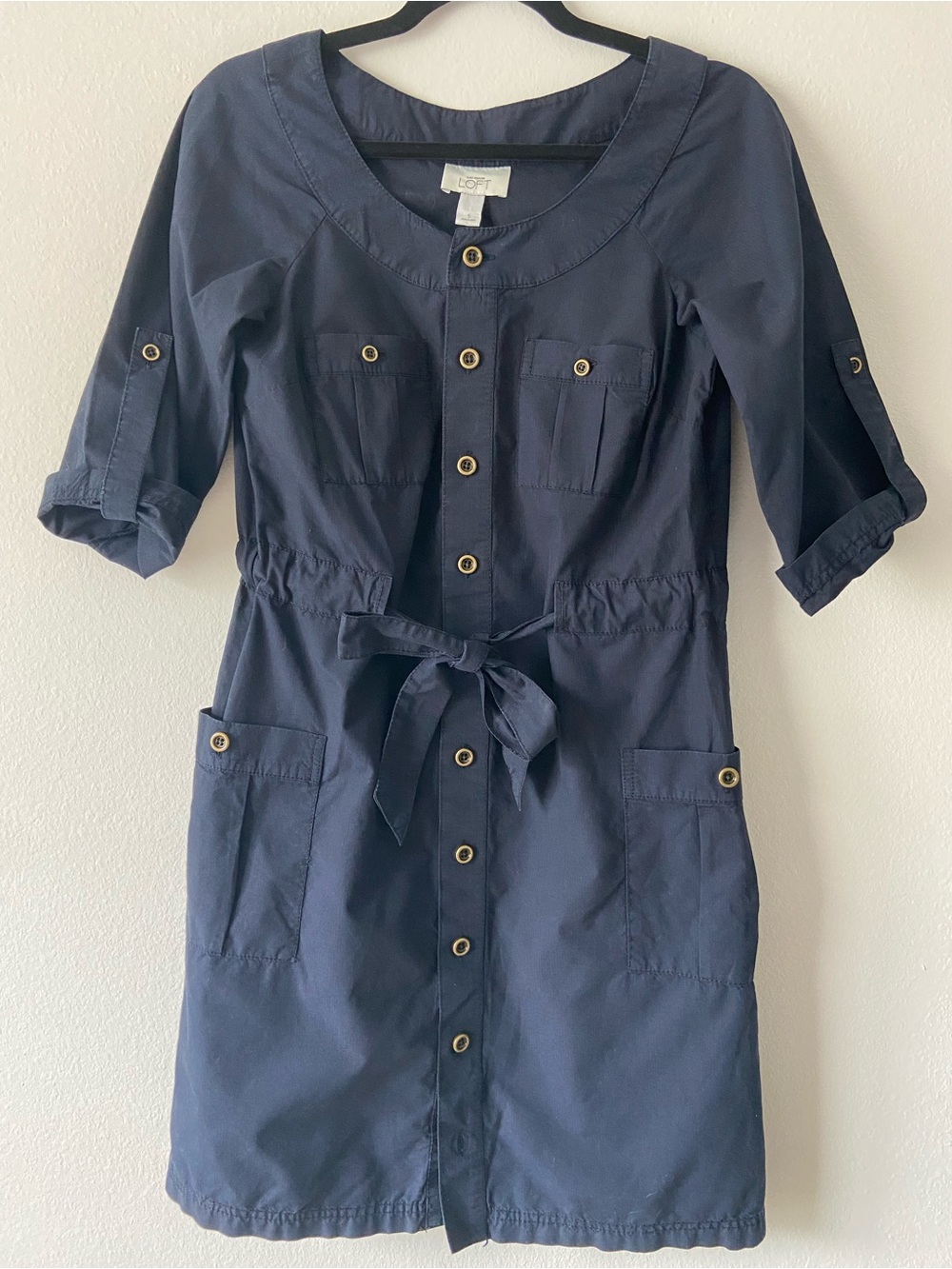 Ann Taylor LOFT Navy Utility Shirt Dress Tie Waist Roll Tab Sleeve Size S